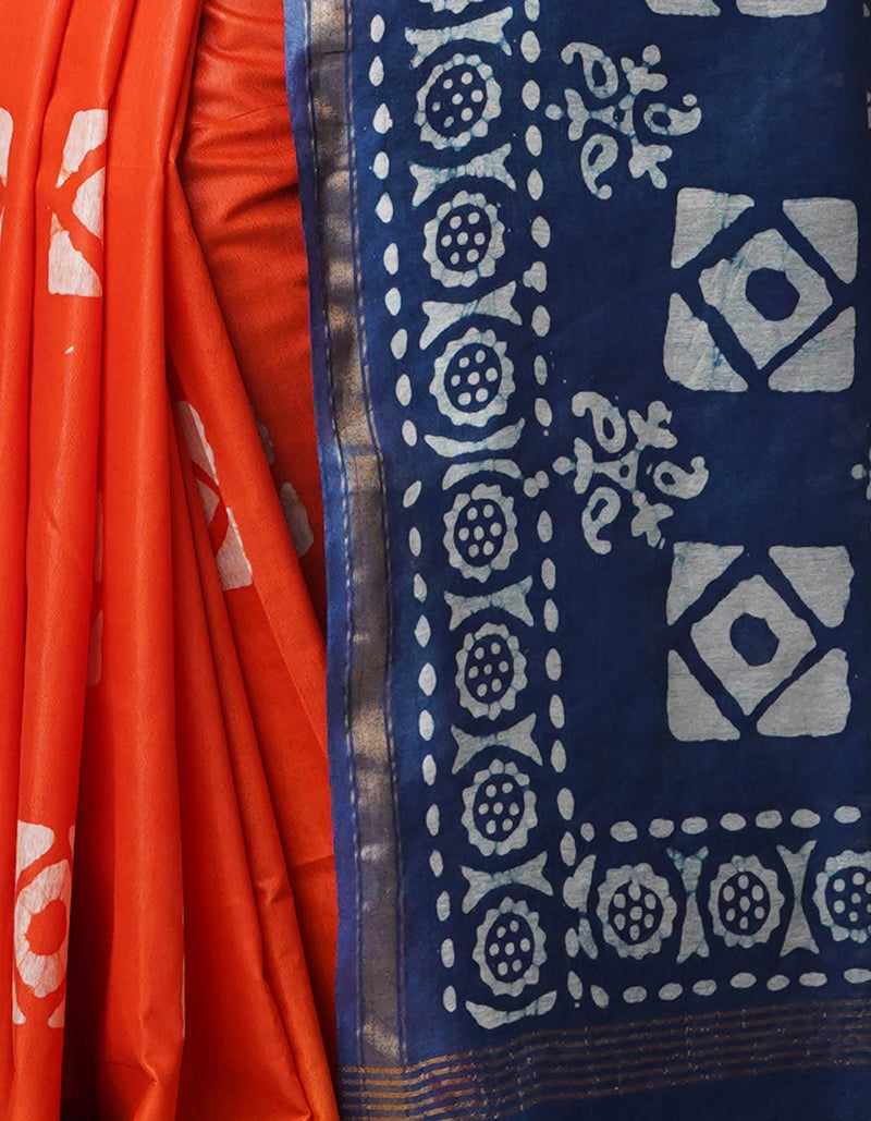 Orange-Navy Blue Pure  Batik Chanderi Silk Saree-UNM69101