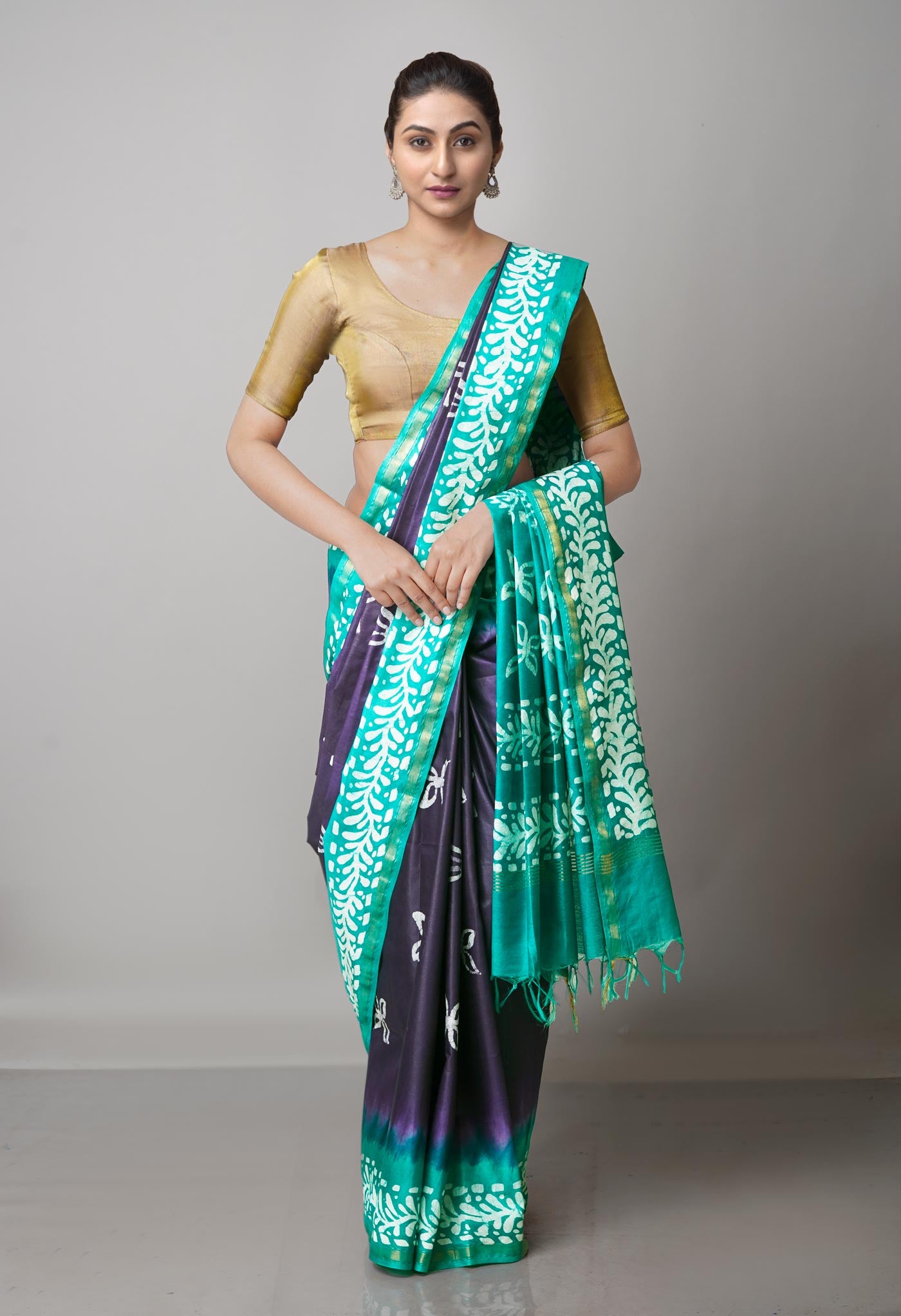 Navy Blue-Green Pure  Batik Chanderi Silk Saree-UNM69106
