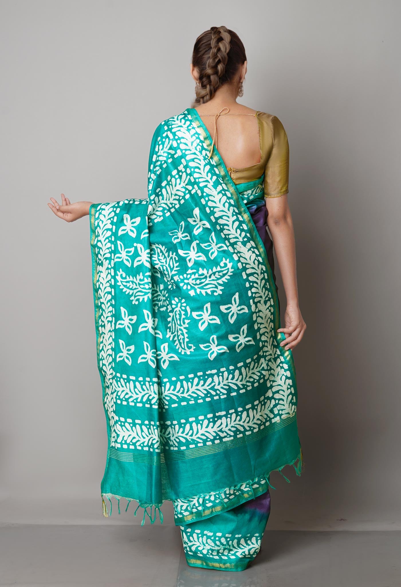 Navy Blue-Green Pure  Batik Chanderi Silk Saree-UNM69106