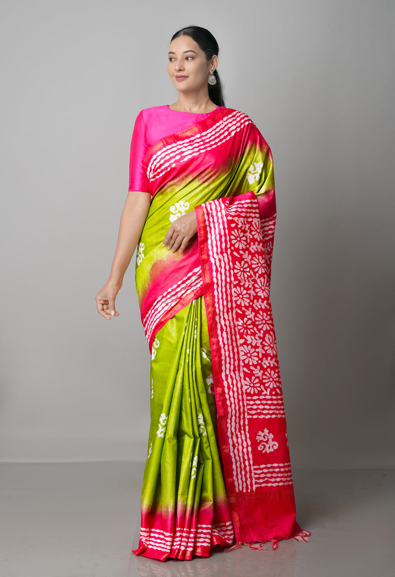Green-Pink Pure  Batik Chanderi Silk Saree-UNM69109