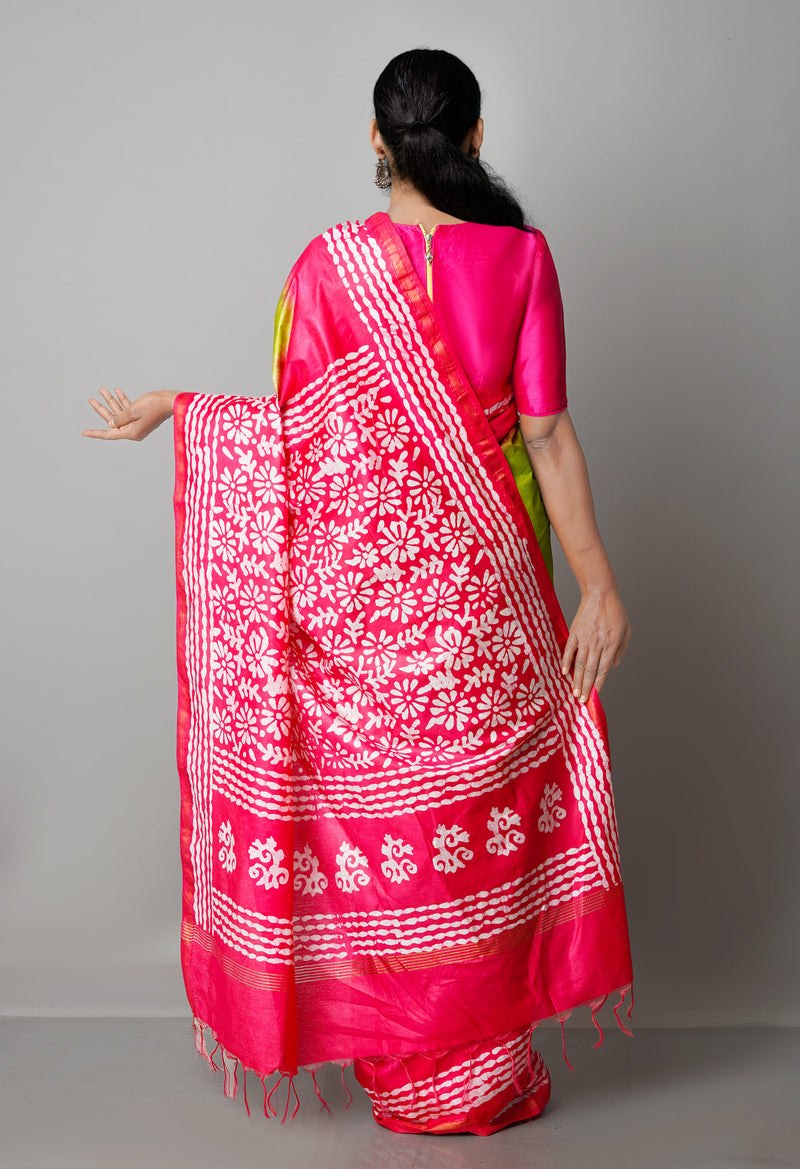 Green-Pink Pure  Batik Chanderi Silk Saree-UNM69109