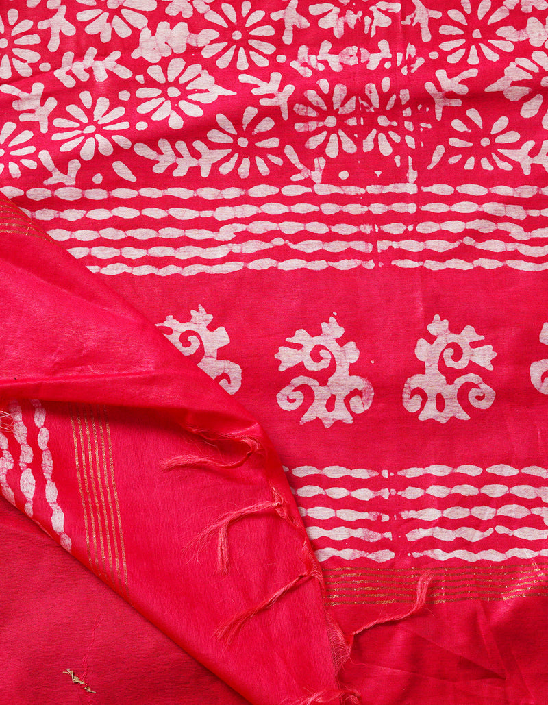 Green-Pink Pure  Batik Chanderi Silk Saree-UNM69109