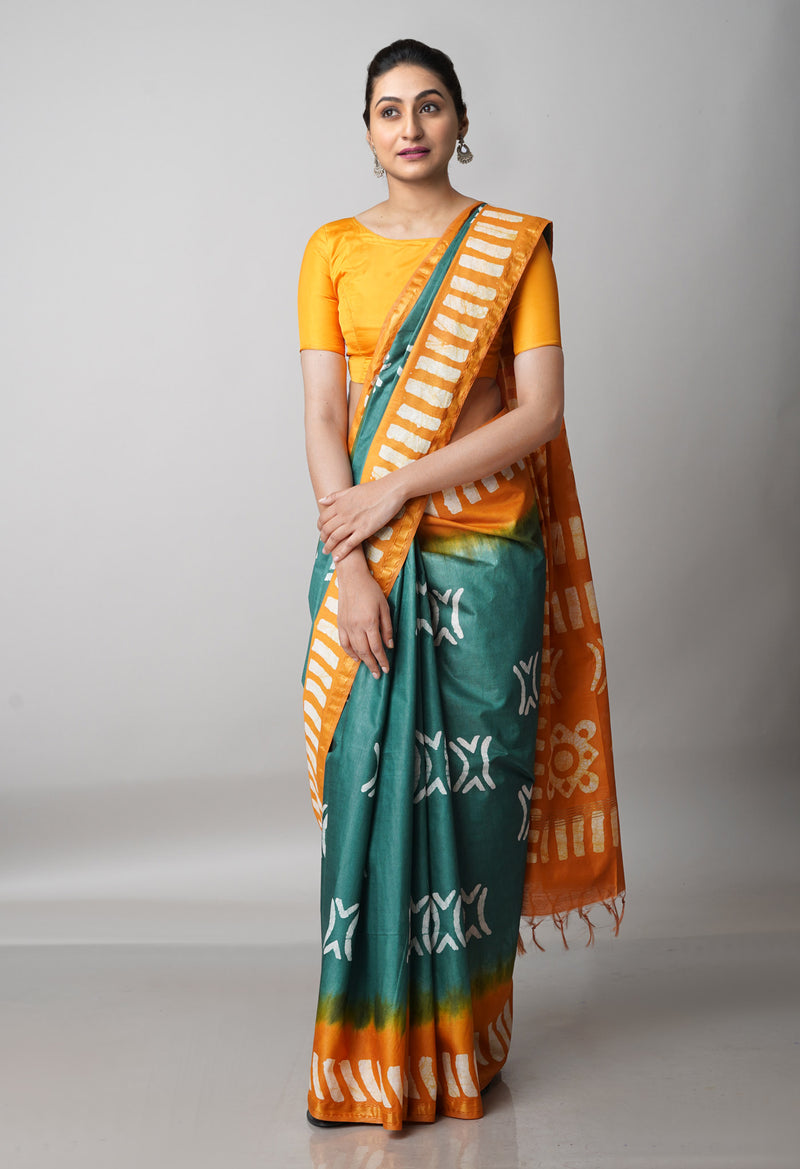 Dark Green-Mustard Yellow Pure  Batik Chanderi Silk Saree-UNM69112