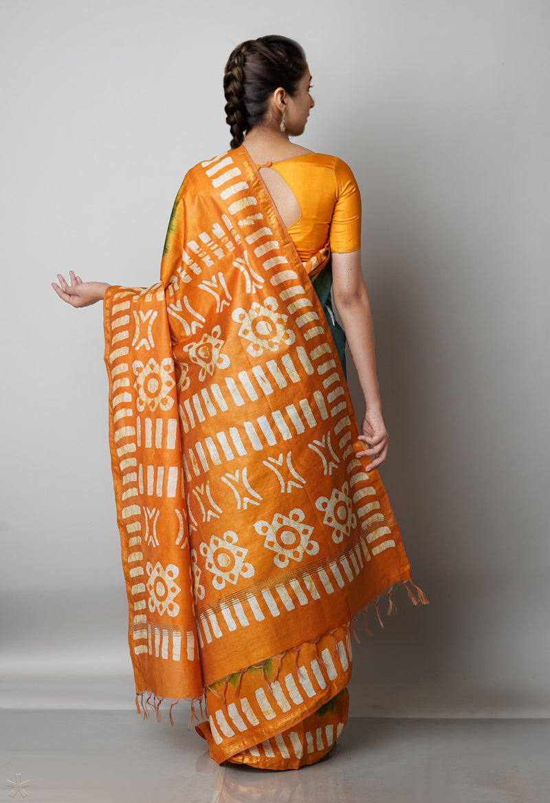 Dark Green-Mustard Yellow Pure  Batik Chanderi Silk Saree-UNM69112