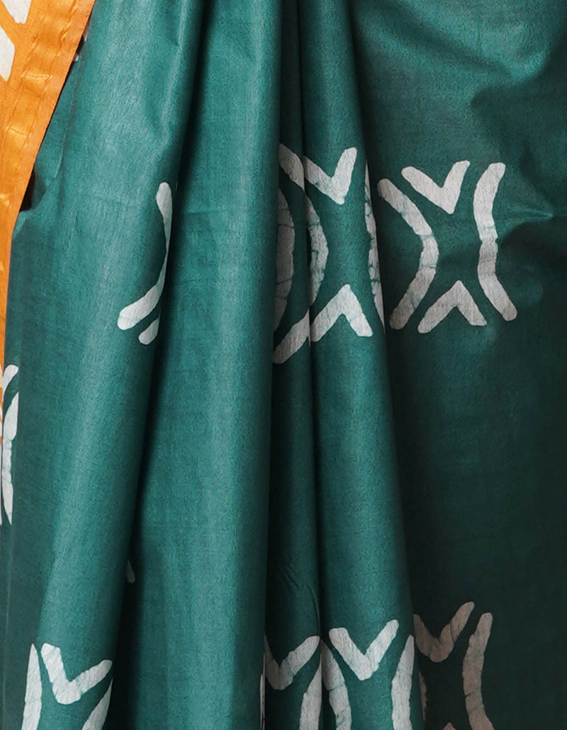 Dark Green-Mustard Yellow Pure  Batik Chanderi Silk Saree-UNM69112
