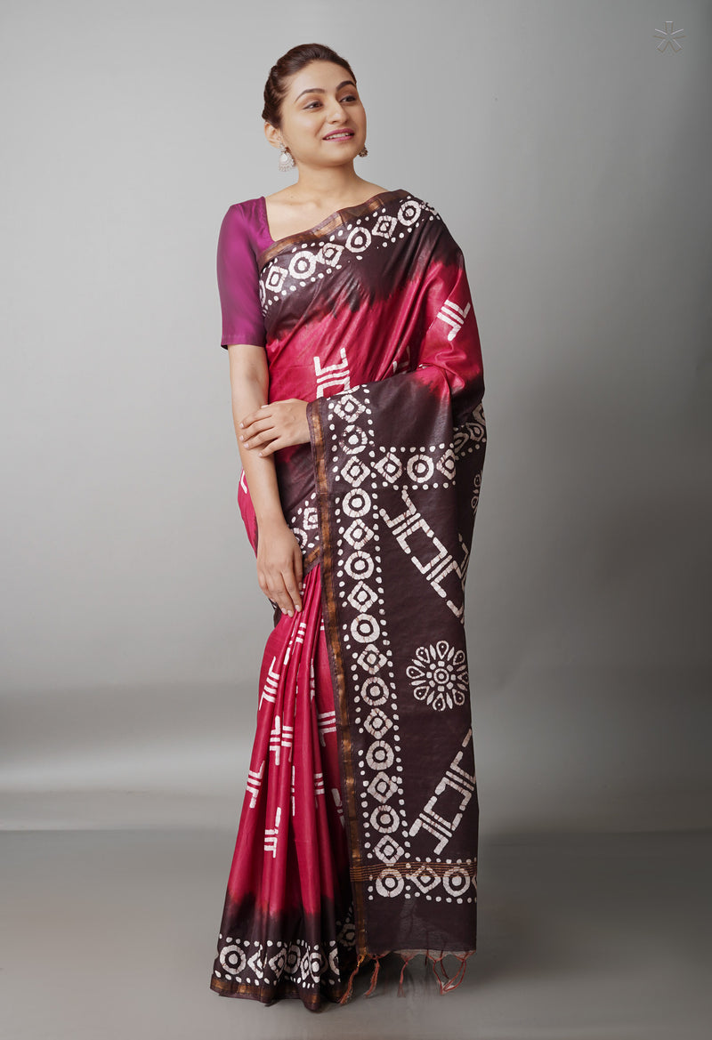Maroon-Black Pure  Batik Chanderi Silk Saree-UNM69119