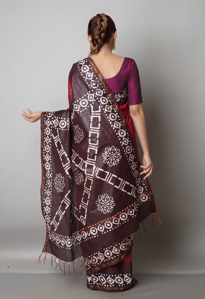 Maroon-Black Pure  Batik Chanderi Silk Saree-UNM69119