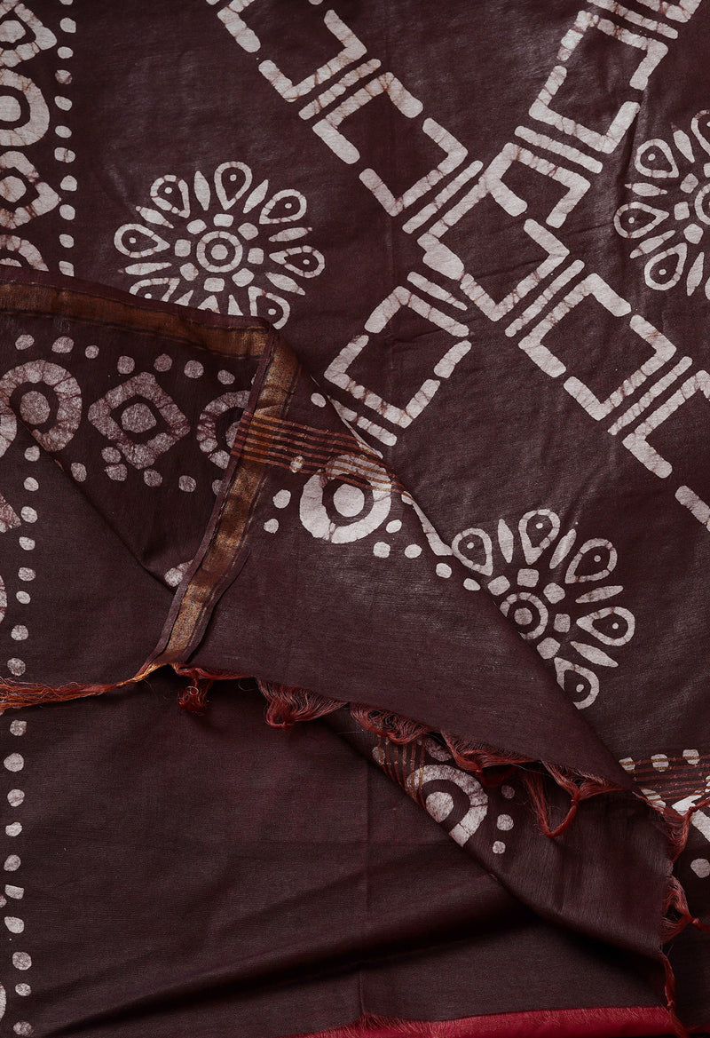 Maroon-Black Pure  Batik Chanderi Silk Saree-UNM69119