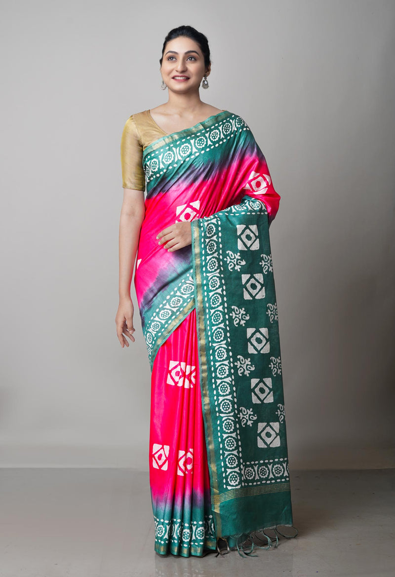 Pink- Green Pure  Batik Chanderi Silk Saree-UNM69123