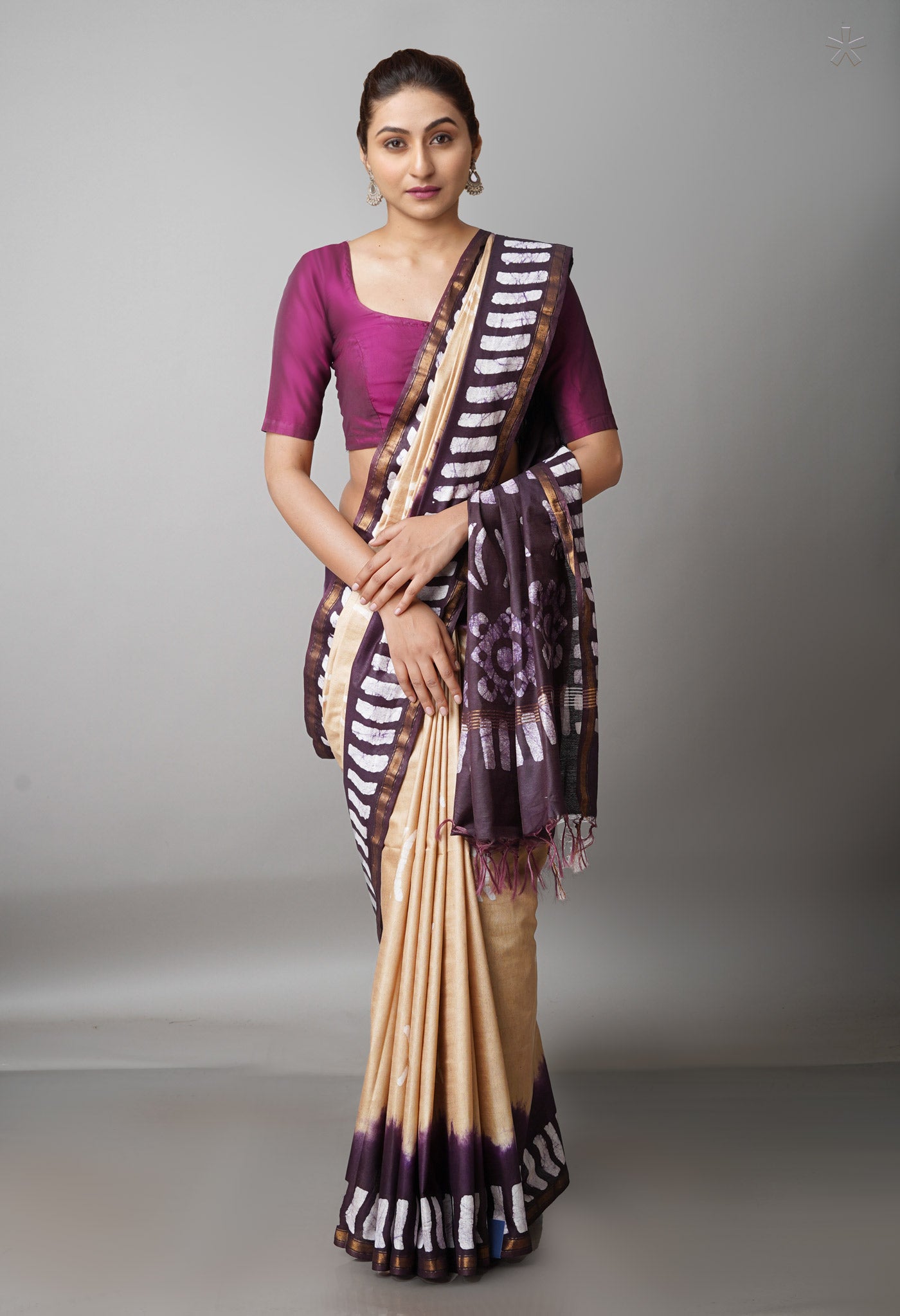 Cream-Black Pure  Batik Chanderi Silk Saree-UNM69124