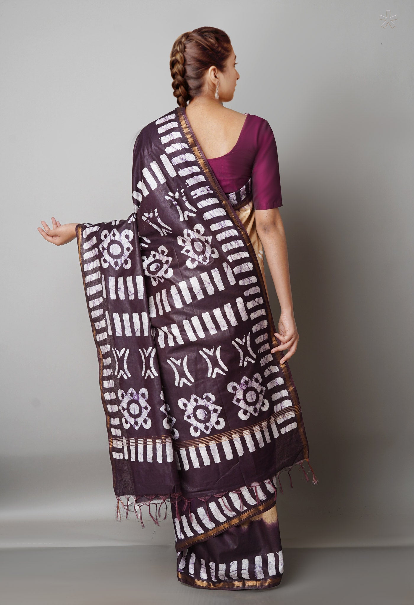 Cream-Black Pure  Batik Chanderi Silk Saree-UNM69124