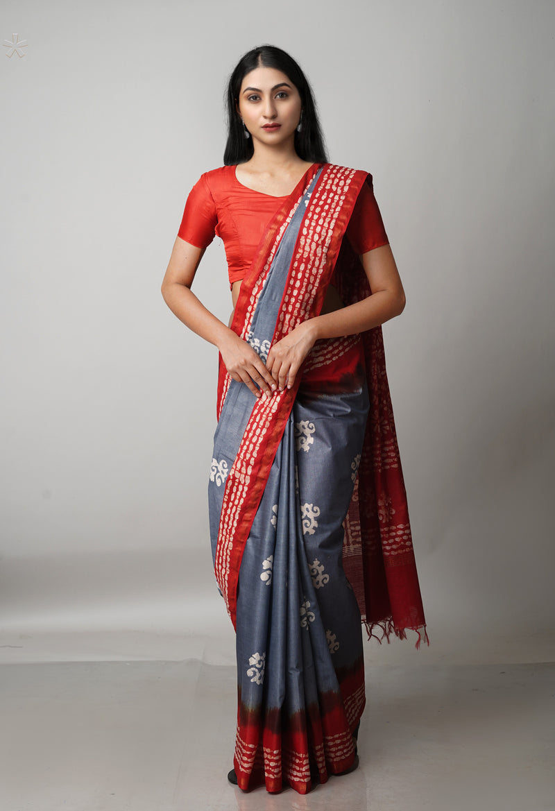 Grey-Red Pure  Batik Chanderi Silk Saree-UNM69125
