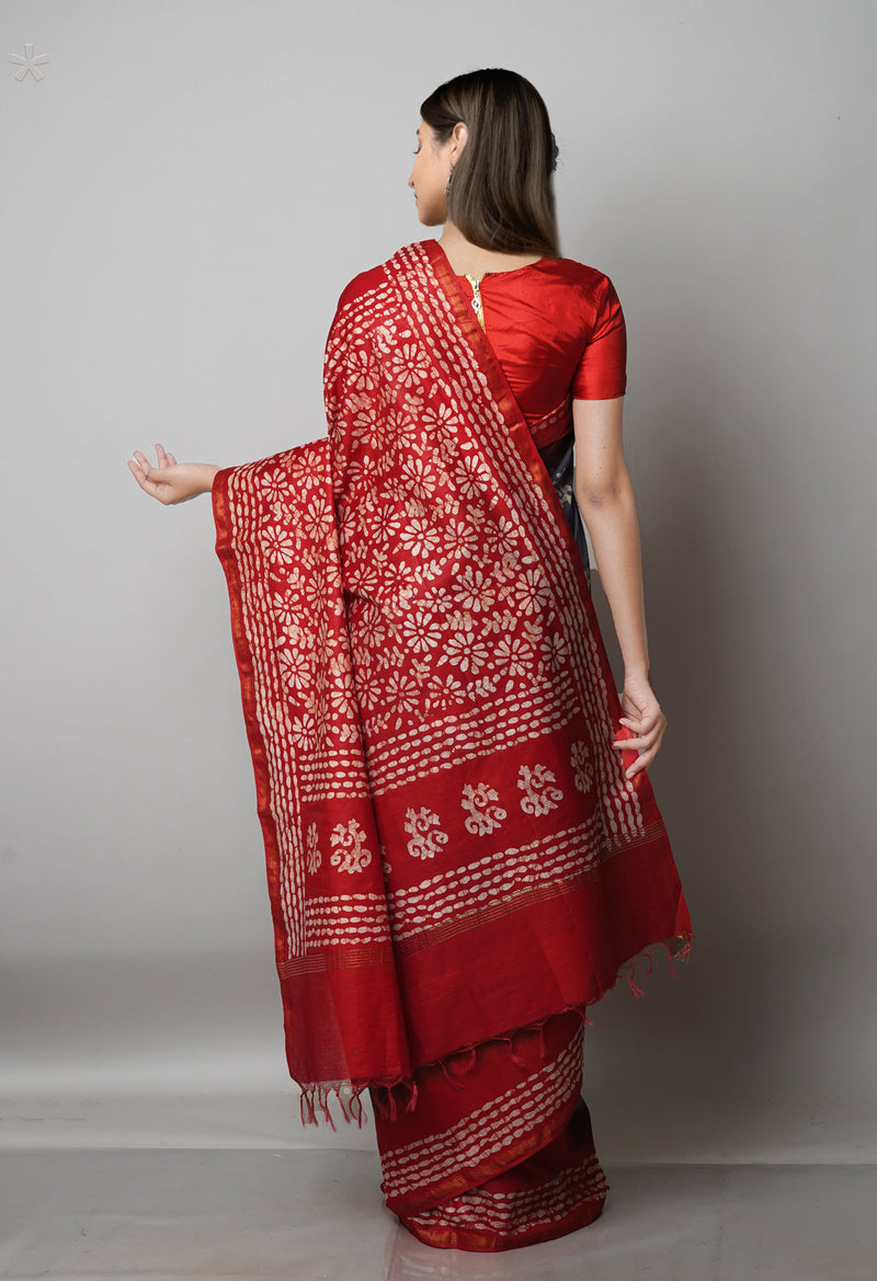 Grey-Red Pure  Batik Chanderi Silk Saree-UNM69125