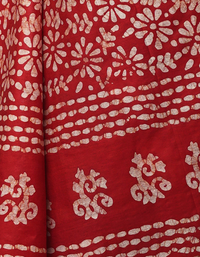 Grey-Red Pure  Batik Chanderi Silk Saree-UNM69125