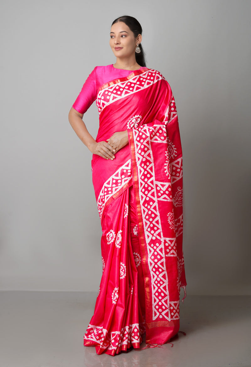 Pink Pure  Batik Chanderi Silk Saree-UNM69126