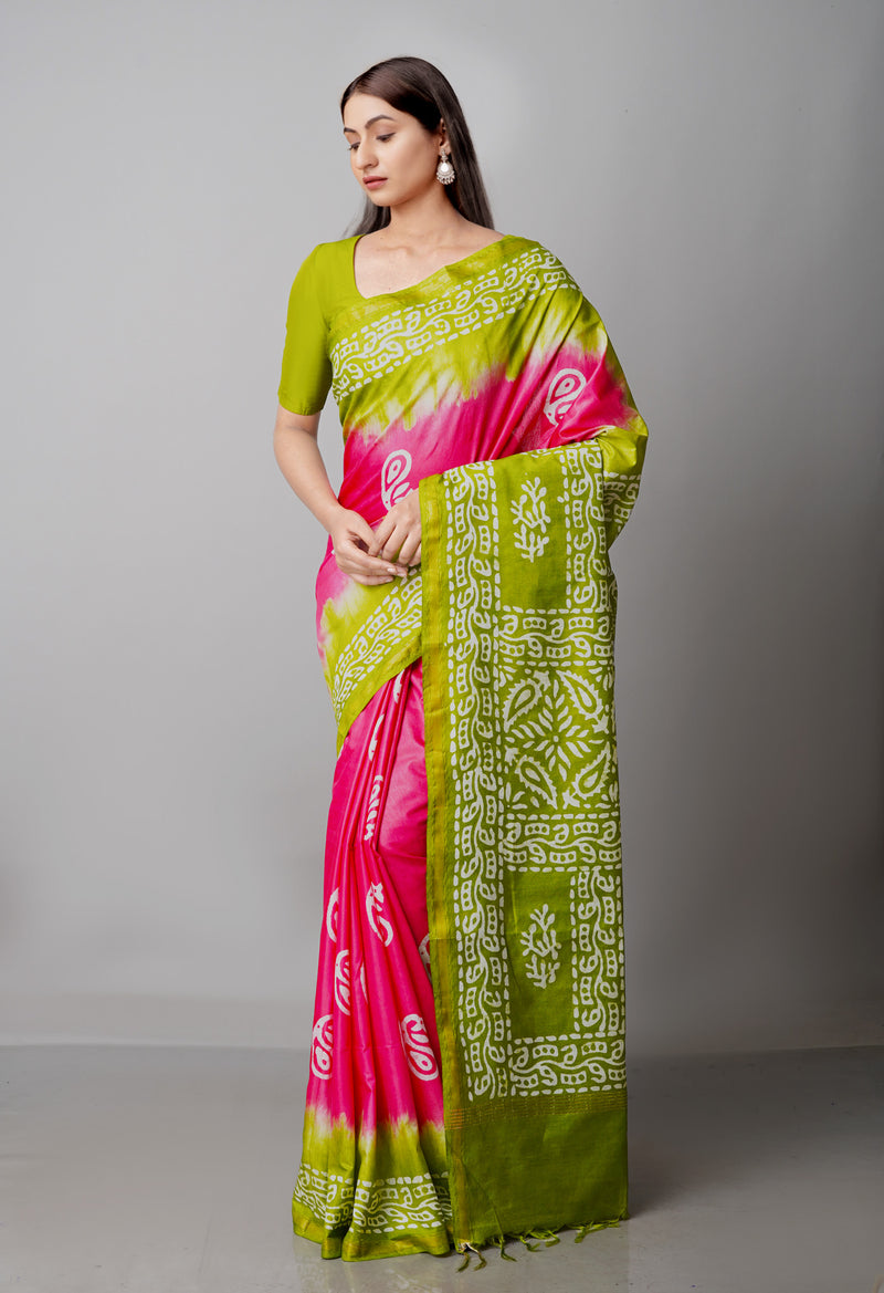 Pink-Green Pure  Batik Chanderi Silk Saree-UNM69128