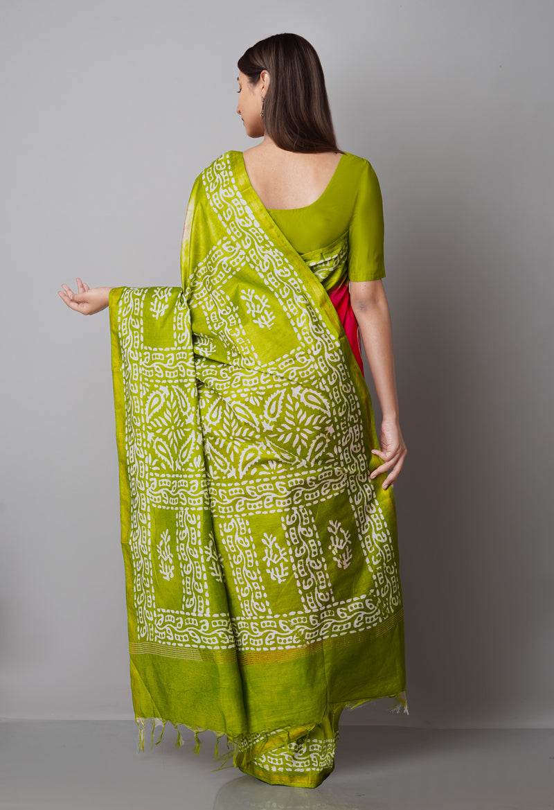 Pink-Green Pure  Batik Chanderi Silk Saree-UNM69128
