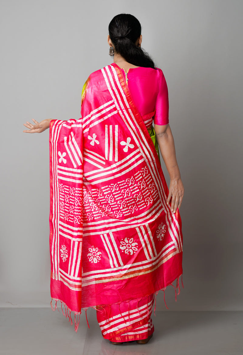 Green-Pink Pure  Batik Chanderi Silk Saree-UNM69130