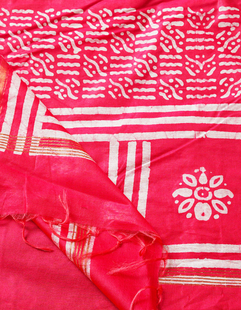 Green-Pink Pure  Batik Chanderi Silk Saree-UNM69130