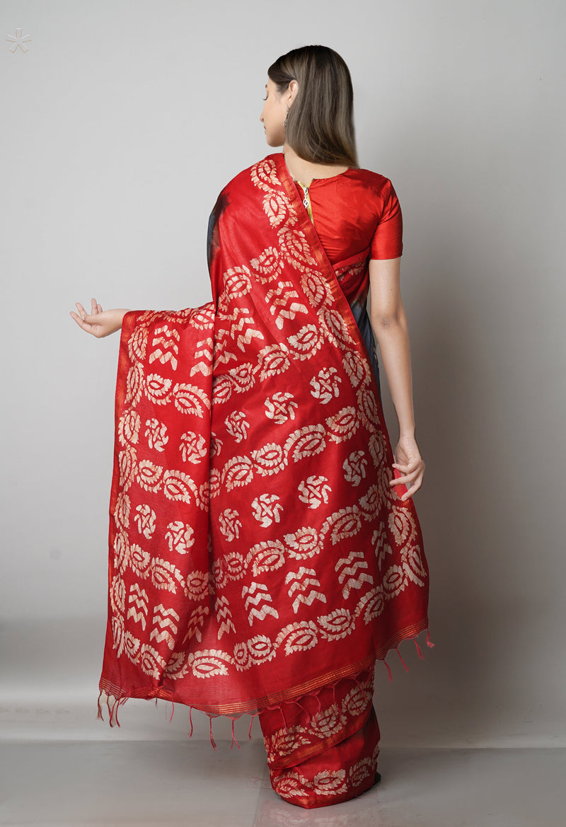 Grey-Red Pure  Batik Chanderi Silk Saree-UNM69135