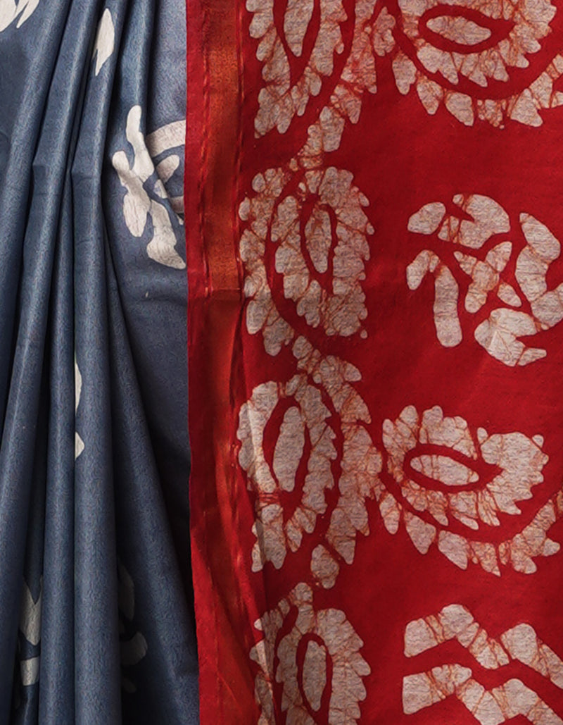 Grey-Red Pure  Batik Chanderi Silk Saree-UNM69135