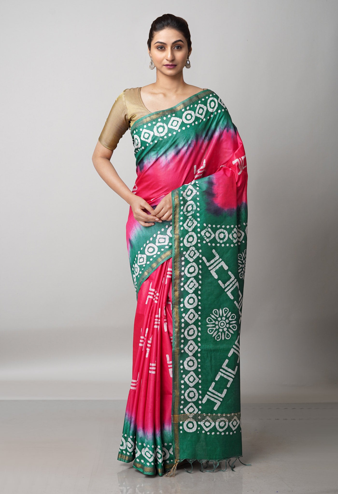 Pink-Green Pure  Batik Chanderi Silk Saree-UNM69137