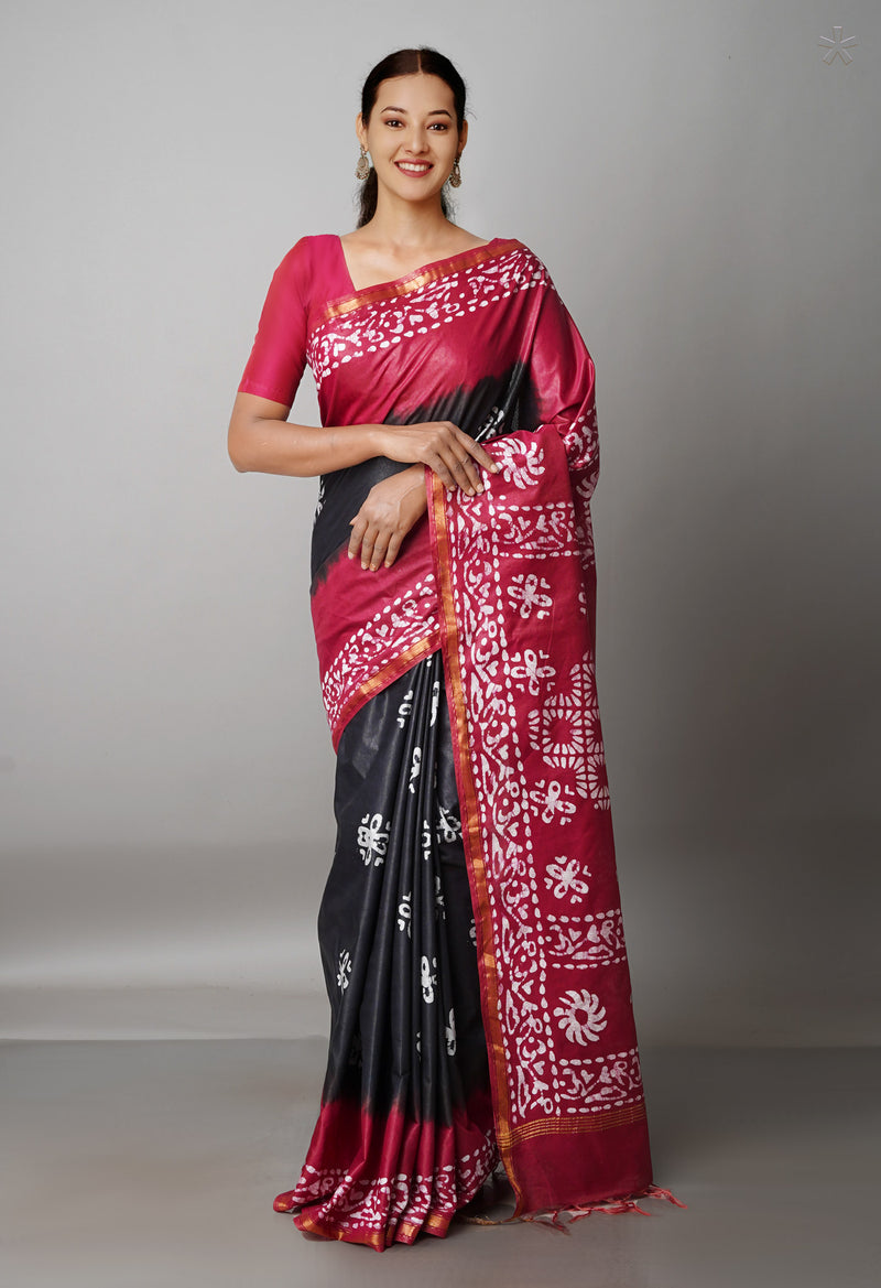 BlackMaroon Pure  Batik Chanderi Silk Saree-UNM69138