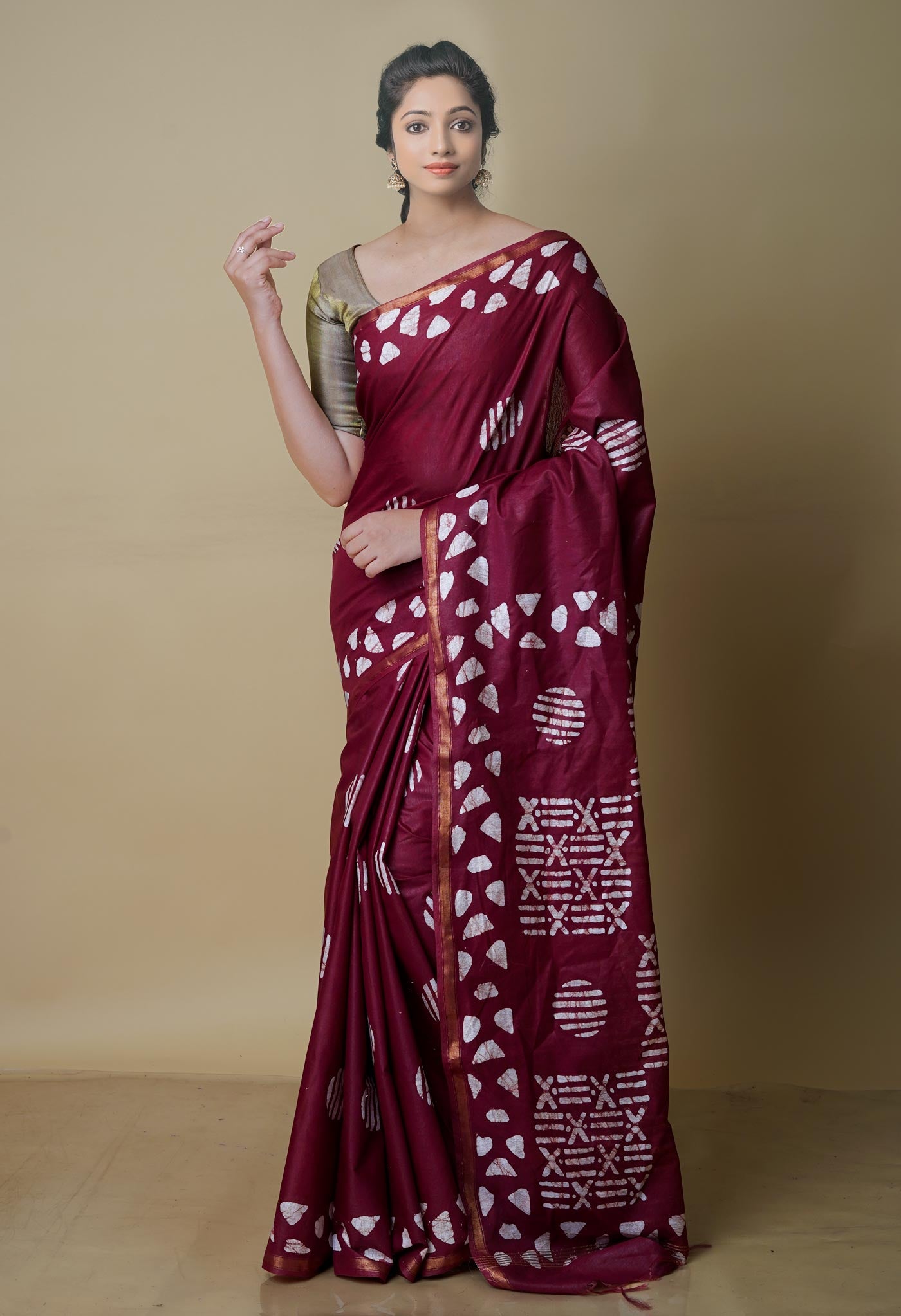Maroon Pure  Batik Chanderi Silk Saree-UNM69139