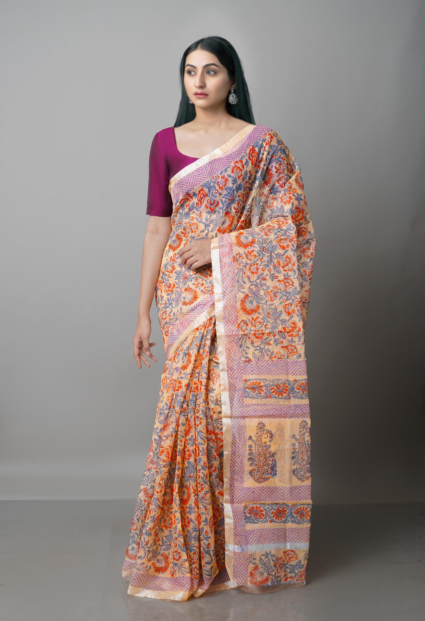 Light Orange Pure  Block Printed Kota Cotton Saree-UNM69144
