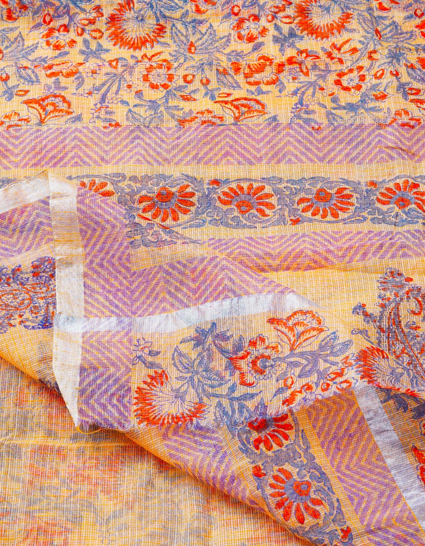Light Orange Pure  Block Printed Kota Cotton Saree-UNM69144