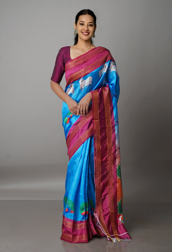 Blue  Kalamkari Soft Silk Saree-UNM69159