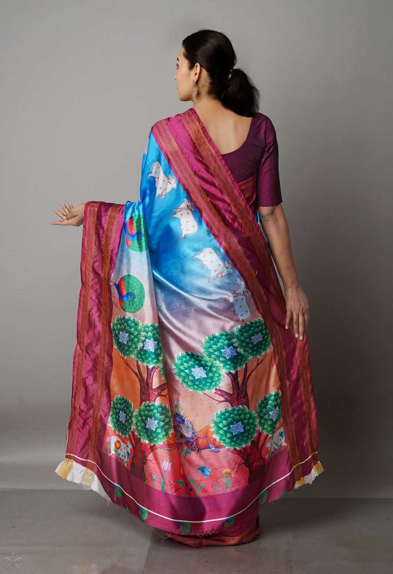 Blue  Kalamkari Soft Silk Saree-UNM69159