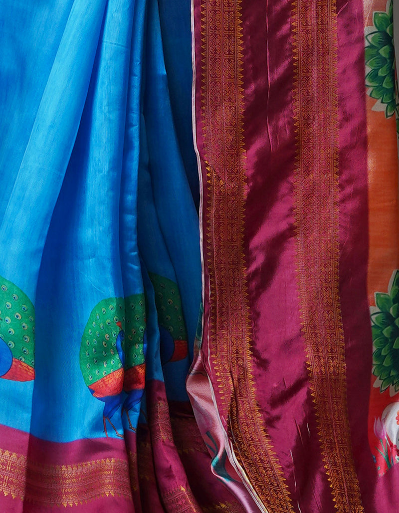 Blue  Kalamkari Soft Silk Saree-UNM69159