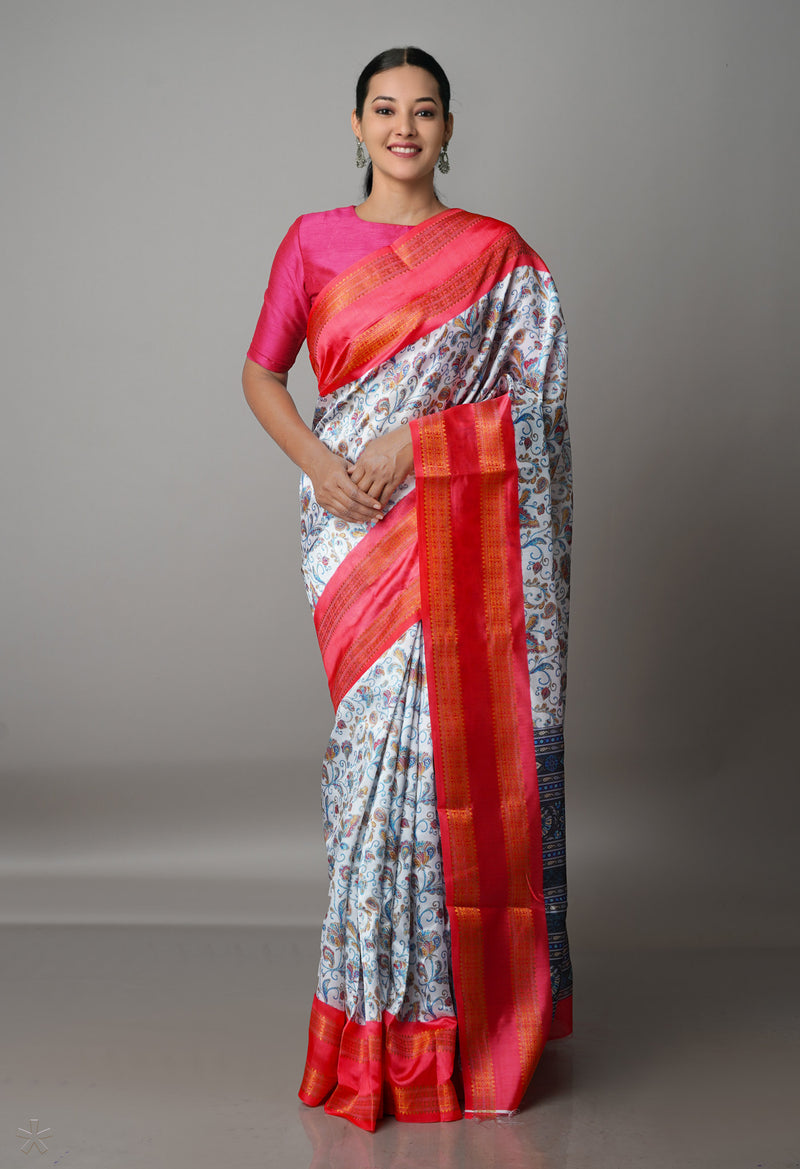 White  Kalamkari Soft Silk Saree-UNM69160