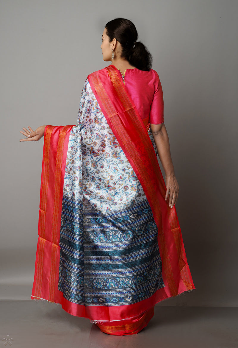 White  Kalamkari Soft Silk Saree-UNM69160