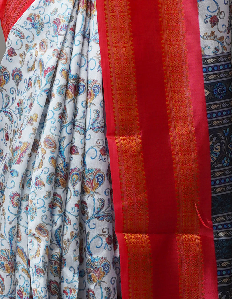White  Kalamkari Soft Silk Saree-UNM69160