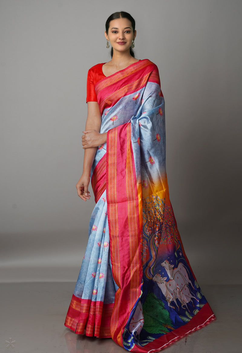 Pale Grey  Kalamkari Soft Silk Saree-UNM69163