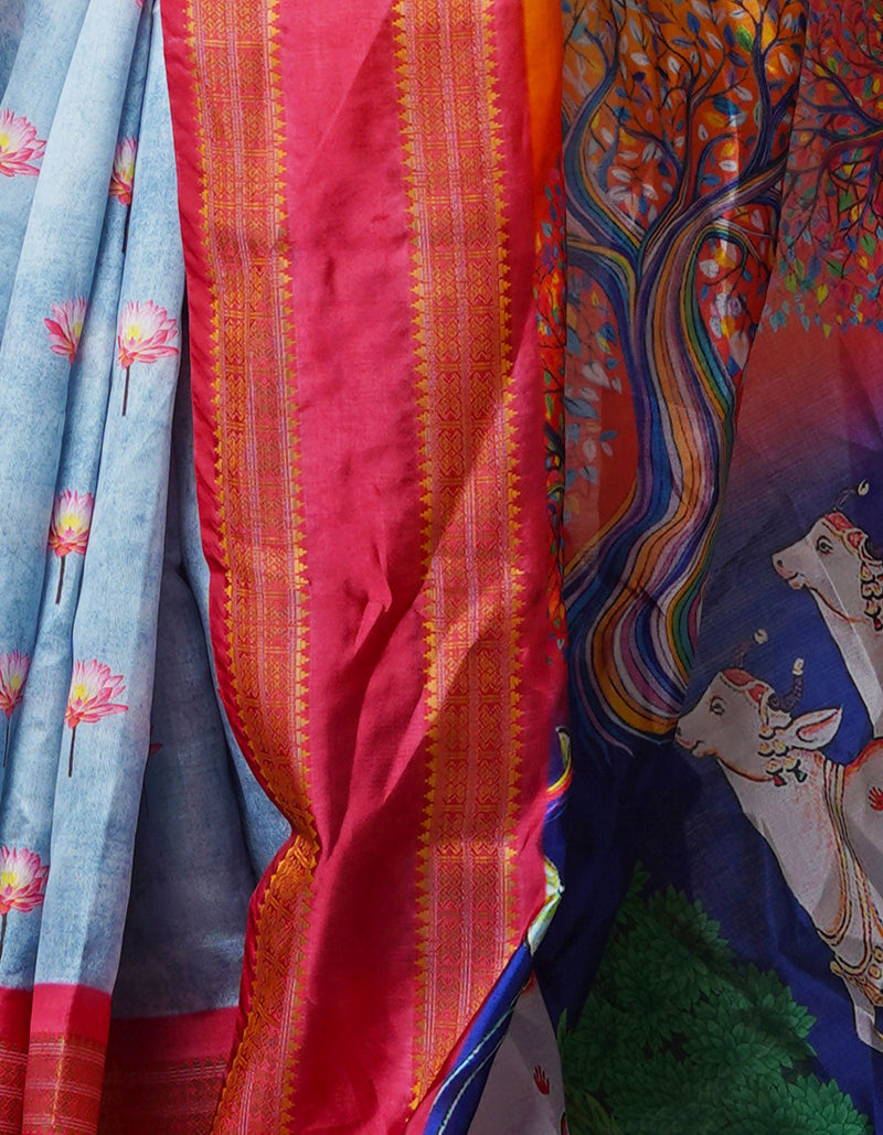 Pale Grey  Kalamkari Soft Silk Saree-UNM69163