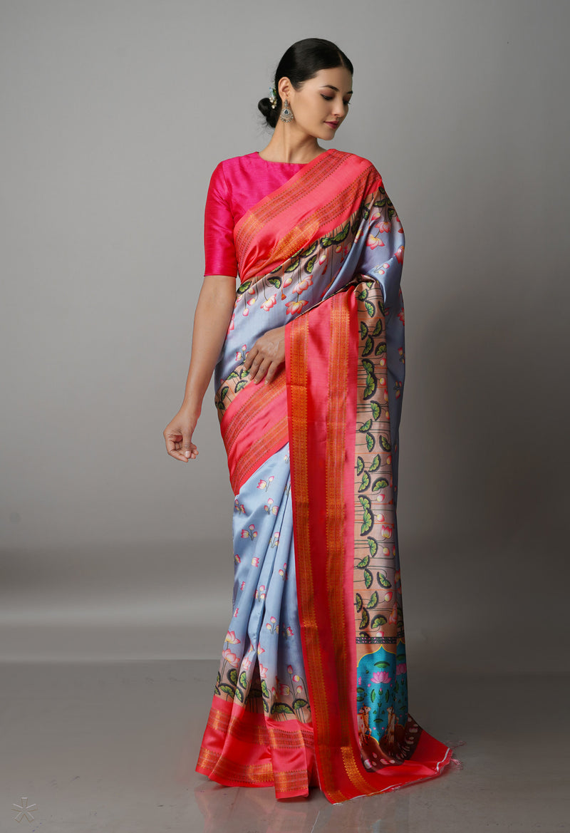 Grey  Kalamkari Soft Silk Saree-UNM69166