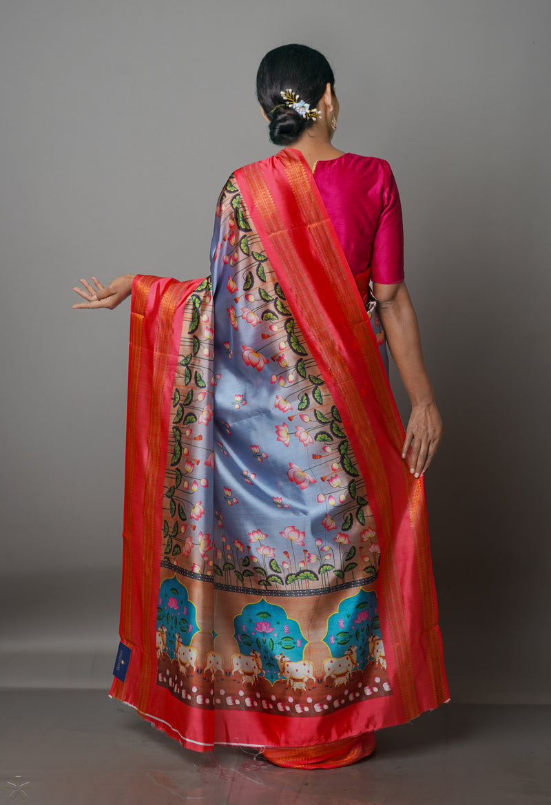 Grey  Kalamkari Soft Silk Saree-UNM69166