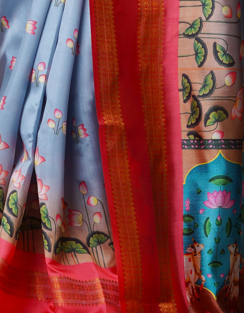 Grey  Kalamkari Soft Silk Saree-UNM69166
