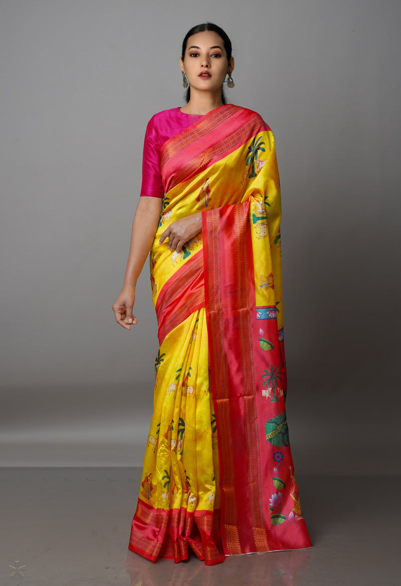 Yellow  Kalamkari Soft Silk Saree-UNM69172