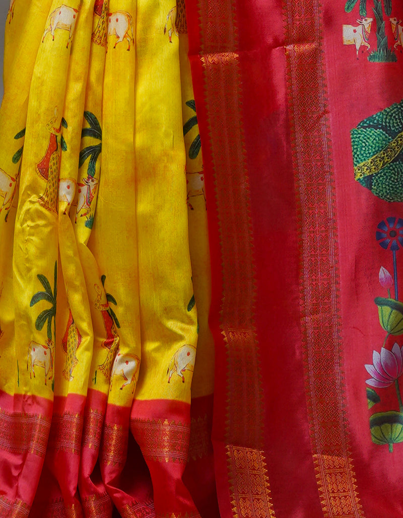 Yellow  Kalamkari Soft Silk Saree-UNM69172