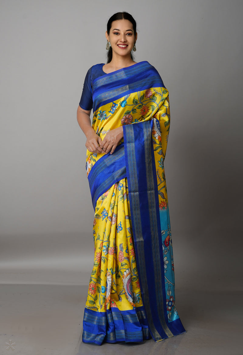Yellow  Kalamkari Soft Silk Saree-UNM69174