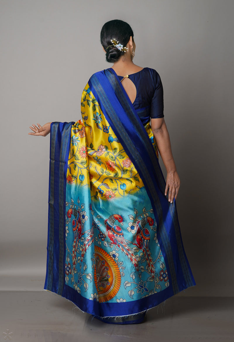 Yellow  Kalamkari Soft Silk Saree-UNM69174