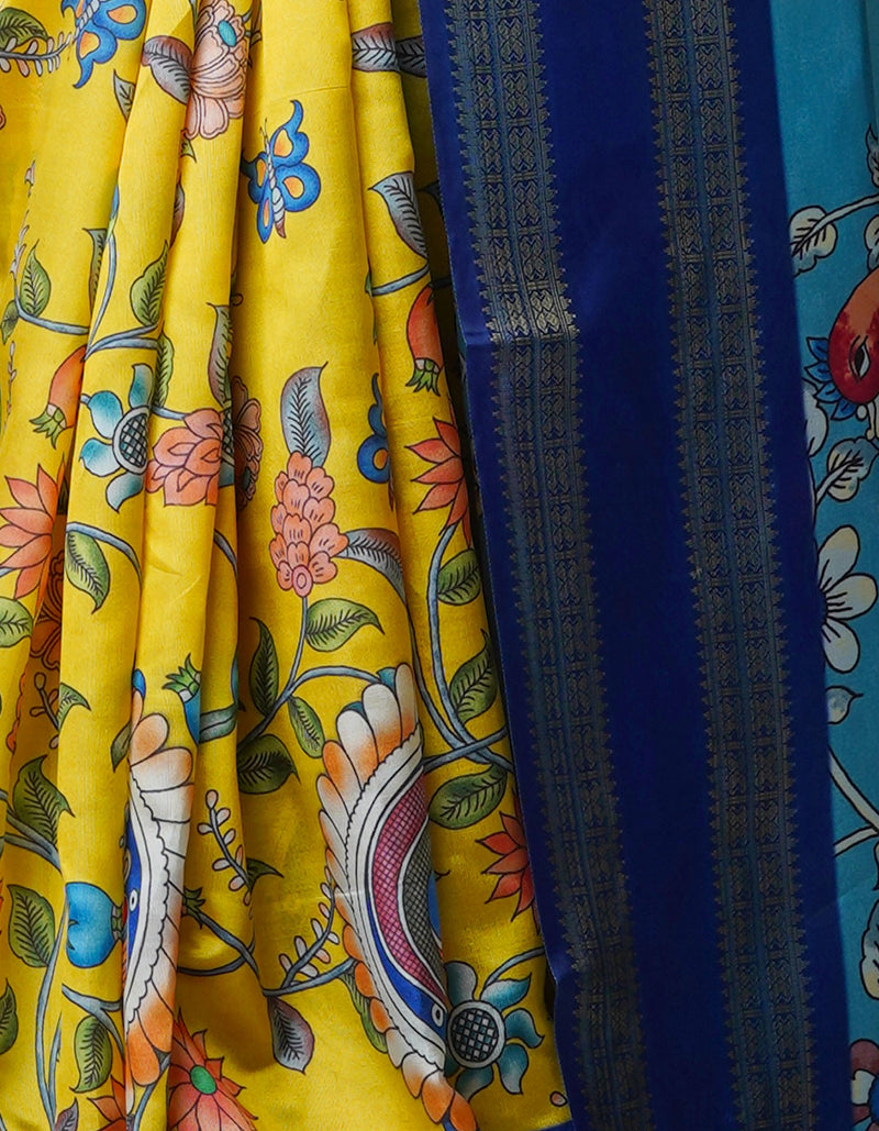 Yellow  Kalamkari Soft Silk Saree-UNM69174