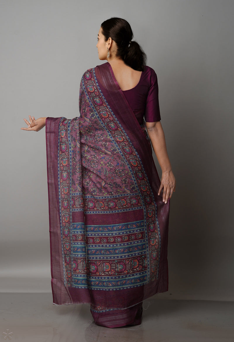 Medium Burgundy  Digital Printed Linen Saree-UNM69176