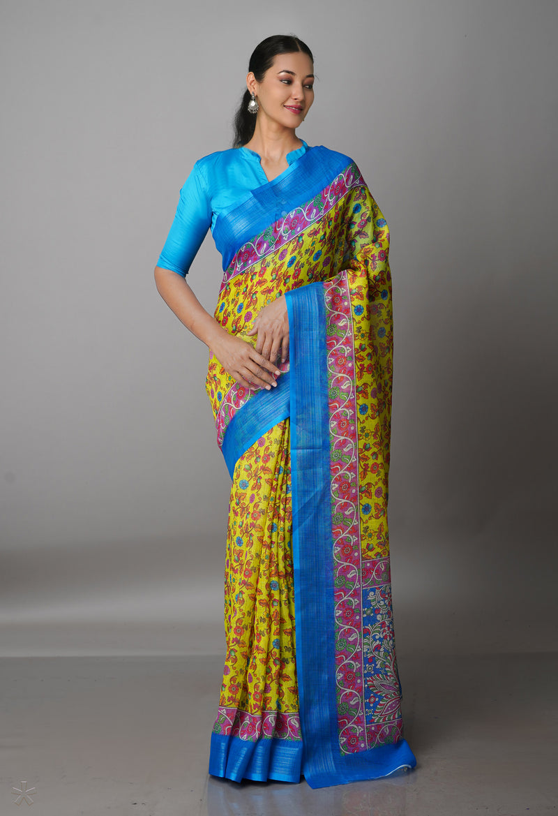 Lemon Yellow  Digital Printed Linen Saree-UNM69178