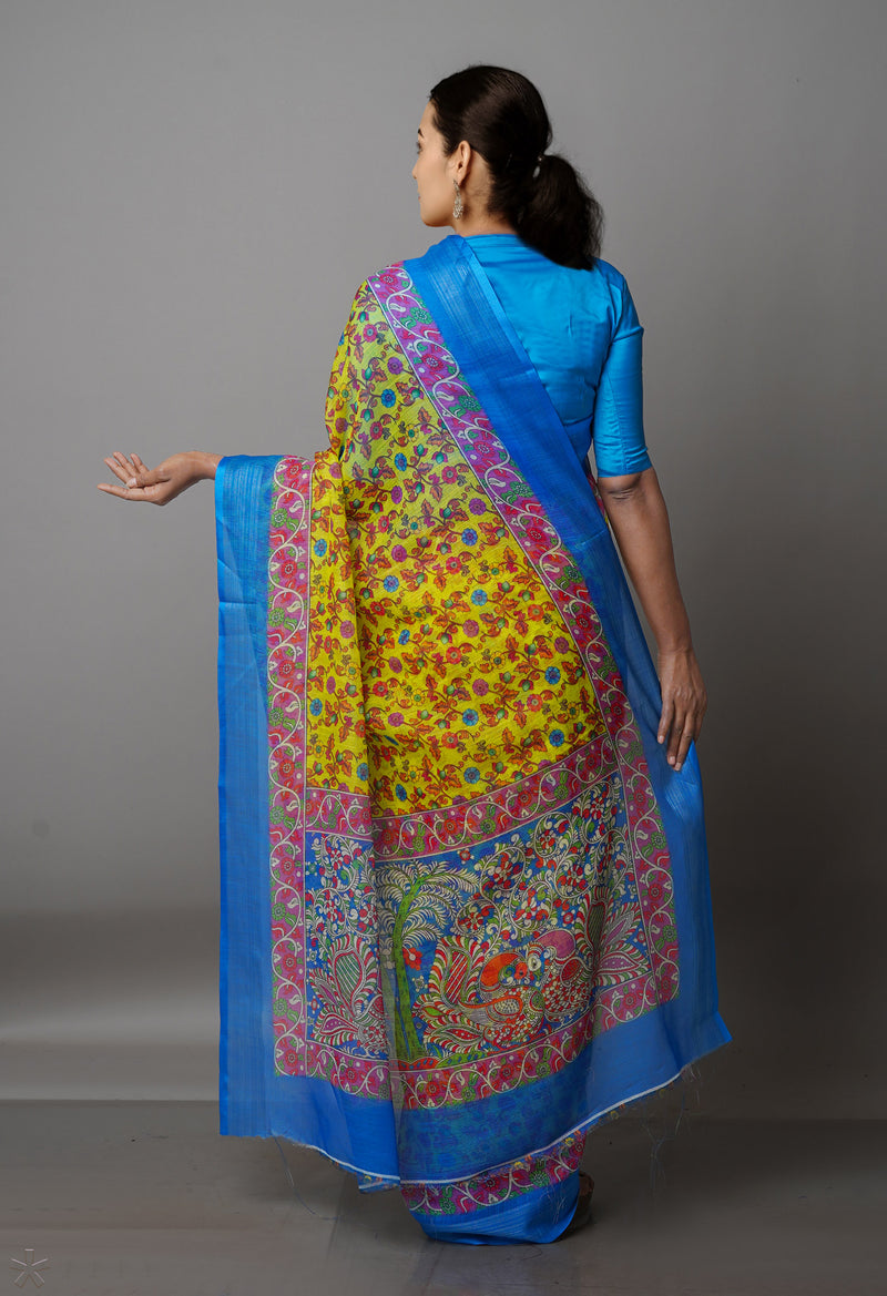 Lemon Yellow  Digital Printed Linen Saree-UNM69178