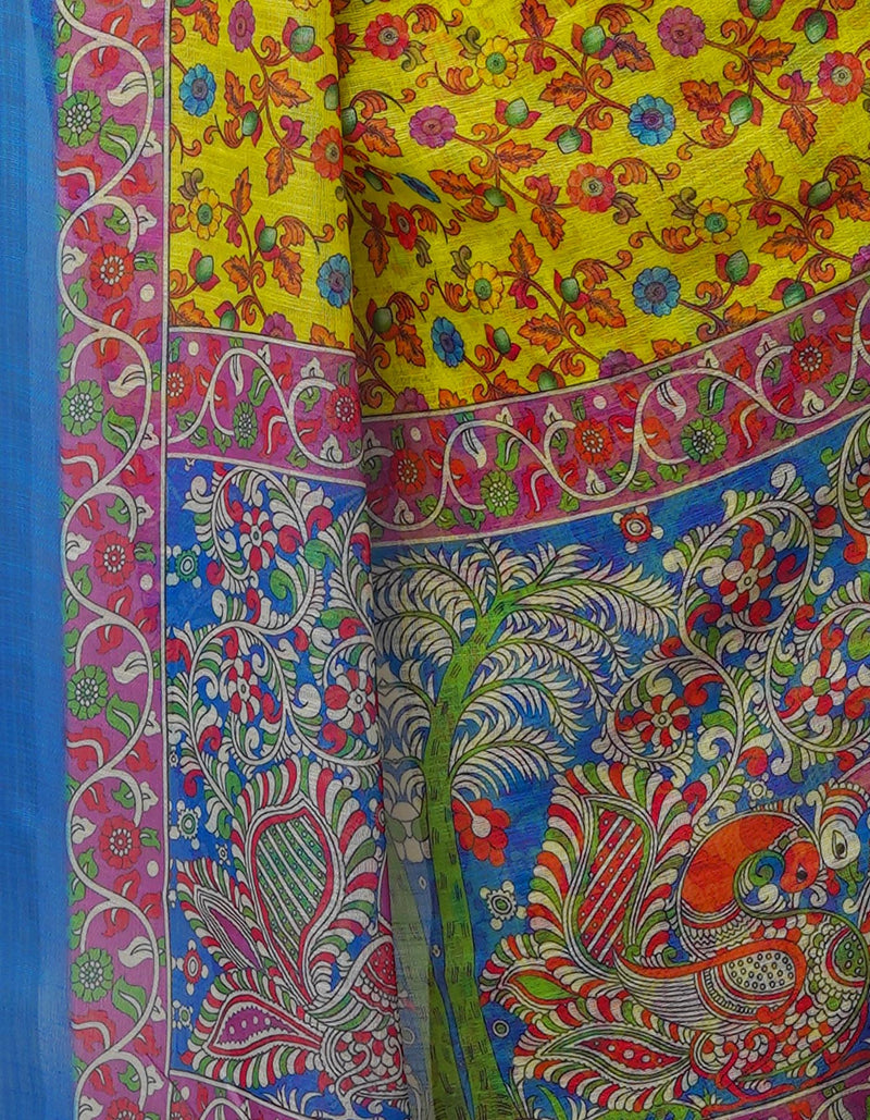 Lemon Yellow  Digital Printed Linen Saree-UNM69178